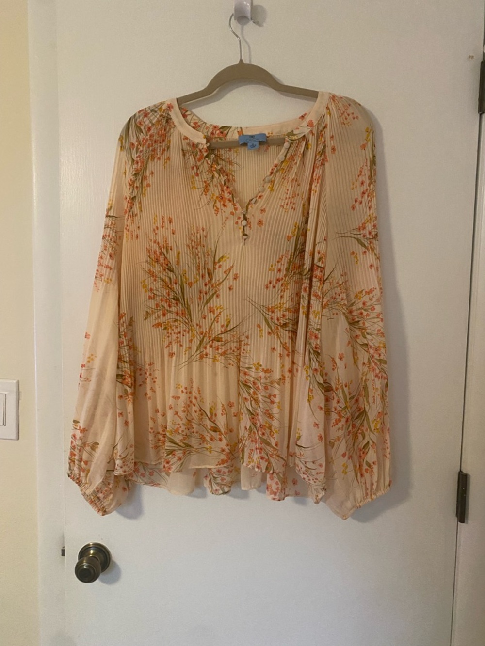 CeCe Cream Peasant Blouse with Orange and Green Floral Print